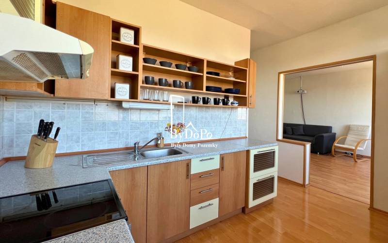 3-izbový byt na prenájom, 87 m2, Beethovenova ul. Nitra - Kuchynská linka v 3-izbovom byte so vstavanými spotrebičmi a policovou zostavou.