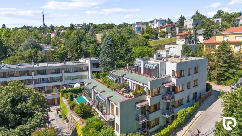 Staré Mesto | 5i byt 175 m² + 4 balkóny + možnosť 2× parking - Budovy a zeleň na Čapkovej ulici v Bratislave - Starom Meste, s výhľadom na Slavín.