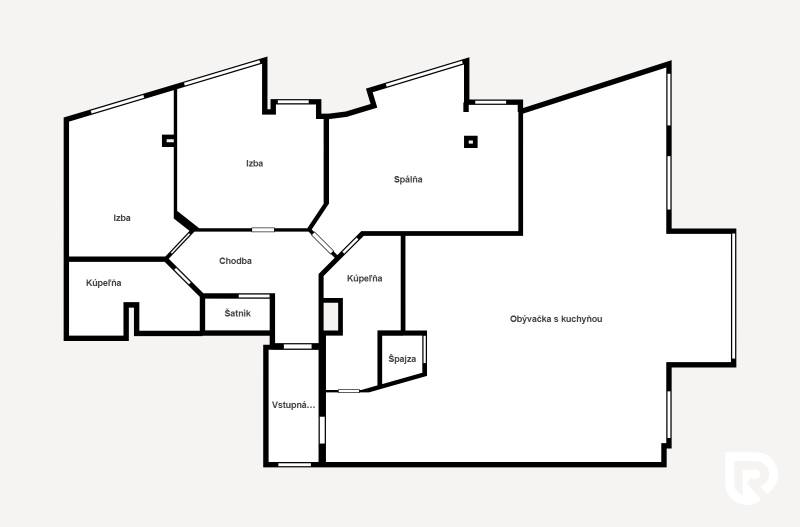 Staré Mesto | 5i byt 175 m² + 4 balkóny + možnosť 2× parking - Pôdorys 4-izbového bytu s obývačkou, kuchyňou, kúpeľňami a špajzou.