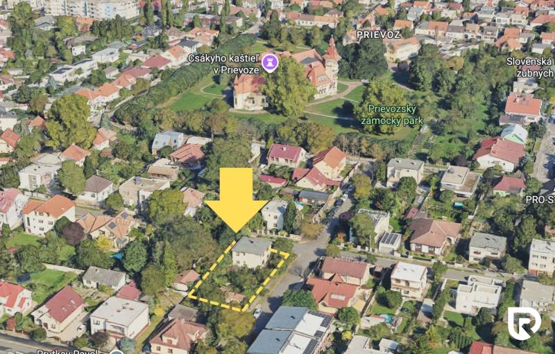 Exkluzívny stavebný pozemok Ružinov - Prievoz 760 m²   - Letecký pohľad na pozemky na bývanie v oblasti Csákyho kaštieľa, Bratislava - Ružinov.
