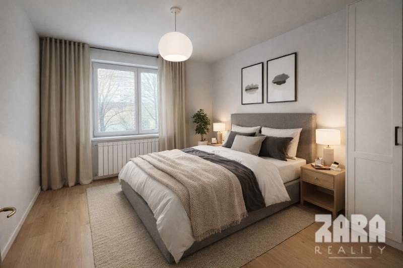 LUDMANSKÁ - 3 izbový byt, 65 m2 + loggia. KÚPOU VOĽNÝ. ČR. - Spálňa v 3-izbovom byte s manželskou posteľou a podlahou s dreveným dekorom.