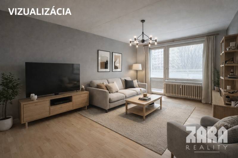 LUDMANSKÁ - 3 izbový byt, 65 m2 + loggia. KÚPOU VOĽNÝ. ČR. - Obývacia izba v 3-izbovom byte s podlahou s dreveným dekorom, pohovkou a televízorom.