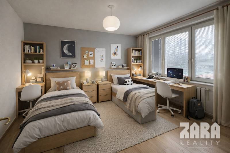 LUDMANSKÁ - 3 izbový byt, 65 m2 + loggia. KÚPOU VOĽNÝ. ČR. - Dvojposteľová izba v 3-izbovom byte s podlahou s dreveným dekorom a pracovnými stolmi.