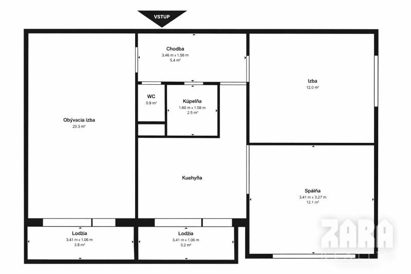 LUDMANSKÁ - 3 izbový byt, 65 m2 + loggia. KÚPOU VOĽNÝ. ČR. - Pôdorys 3-izbového bytu s obývacou izbou, kuchyňou, kúpeľňou, WC a dvomi lodžiami.