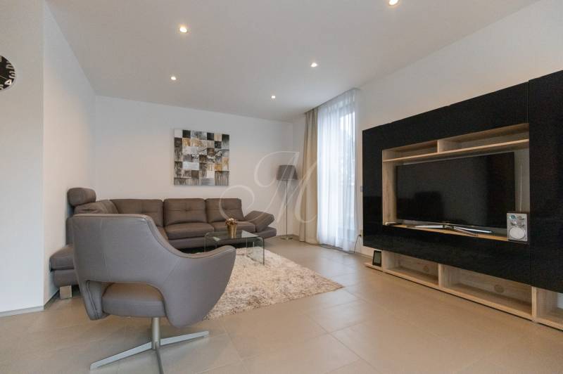 Exkluzívny 2i byt s terasou a parkovaním, Kramáre - Obývačka 2-izbového bytu s pohovkou, kreslom, stolom, televízorom a kobercom.