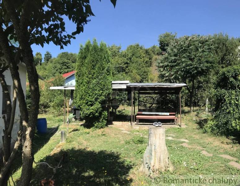 Rodinný dom v srdci Štiavnických vrchov, Štiavnické Bane. - Záhrada rodinného domu v Štiavnických Baniach s altánkom, stromami a pňom.