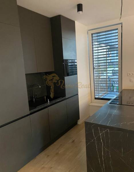 3-izb. byt, Zuzany Chalupovej, Petržalkou s veľkou terasou a saunou - Kuchyňa v 3-izbovom byte s vstavanými spotrebičmi, podlahou s dreveným dekorom a veľkým oknom.