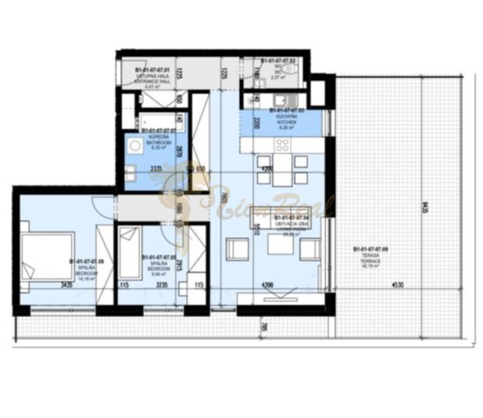 3-izb. byt, Zuzany Chalupovej, Petržalkou s veľkou terasou a saunou - Pôdorys 3-izbového bytu s kuchyňou, obývačkou, spálňou a terasou.