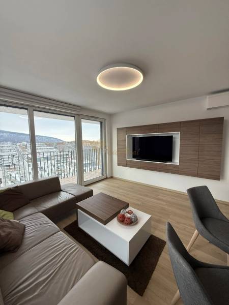 3-izb. byt, Martina Granca, Dúbravka, novostavba Pekná výhliadka - Obývacia izba s podlahou s dreveným dekorom a výhľadom v 3-izbovom byte.