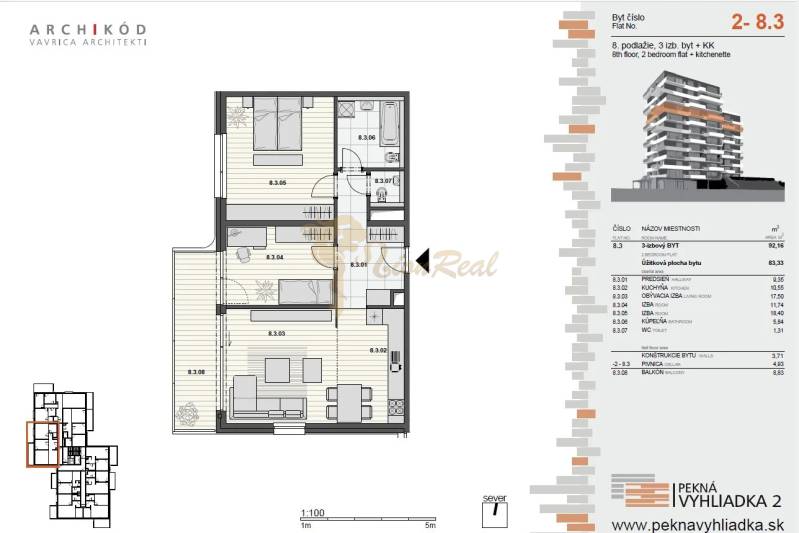 3-izb. byt, Martina Granca, Dúbravka, novostavba Pekná výhliadka - Pôdorys 3-izbového bytu s podlahou s dreveným dekorom, balkónom a funkčným rozvrhnutím miestností.