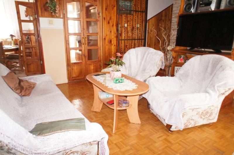 Rodinný dom v obci Čilížska Radváň s veľkým pozemkom - Obývačka s dreveným obkladom, sedačkou, konferenčným stolíkom a dekoráciami v rodinnom dome.