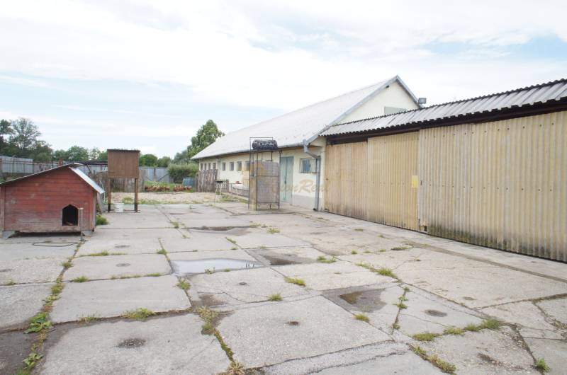 Rodinný dom v obci Čilížska Radváň s veľkým pozemkom - Dlaždený dvor s prístavbou a budovou, vedľa psieho koterca. Rodinný dom v pozadí.