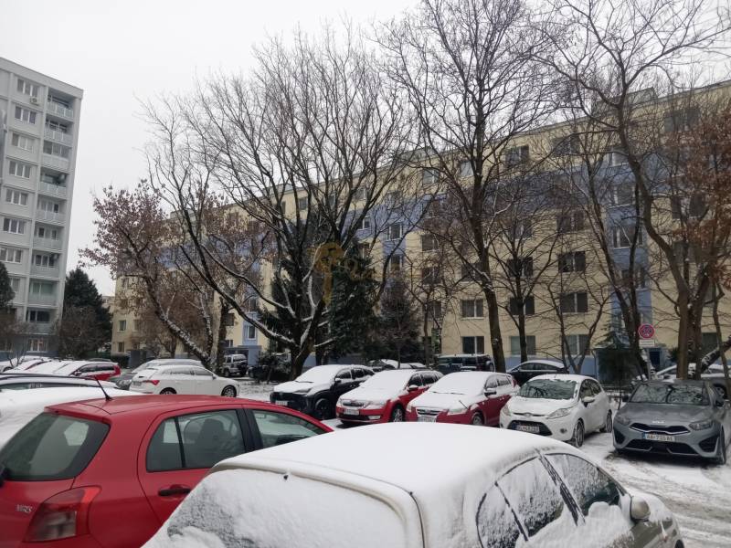 Veľký 2-izb. byt na ul. Nezábudková, Ružinov pri OC Retro - Zasnežené autá pred bytovkou na Nezábudkovej ulici v Bratislave - Ružinov.