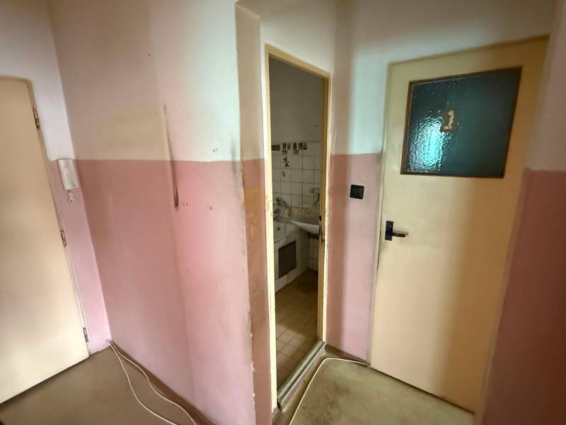 4-izb. byt, Martinčekova ul., Ružinov, 2.p./10, 2 x lodžia - Chodba v 4-izbovom byte s ružovými stenami a vchodom do kúpeľne.