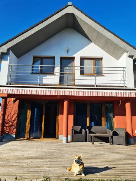 5-izb. dvojpodlažný rodinný dom, Rovinka - Rodinný dom v Rovinke s terasou, dvomi poschodiami a psom na drevenej podlahe.