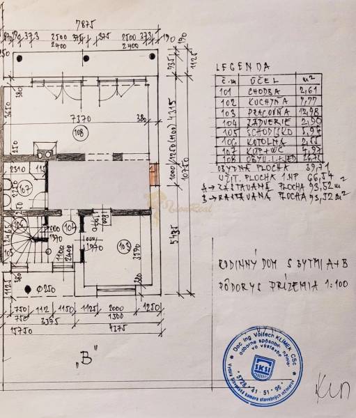 5-izb. dvojpodlažný rodinný dom, Rovinka - Pôdorys prízemia rodinného domu s rozmermi a legendou miestností.