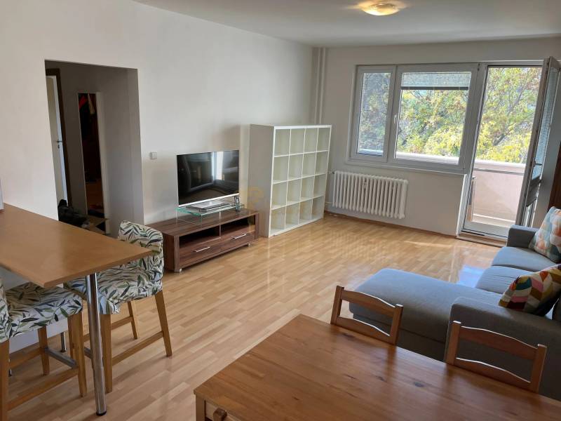 3-izb. byt, Palkovičova ul., Ružinov, lodžia, 4.p./12 - Obývačka 3-izbového bytu s podlahou s dreveným dekorom, televízorom a balkónom.