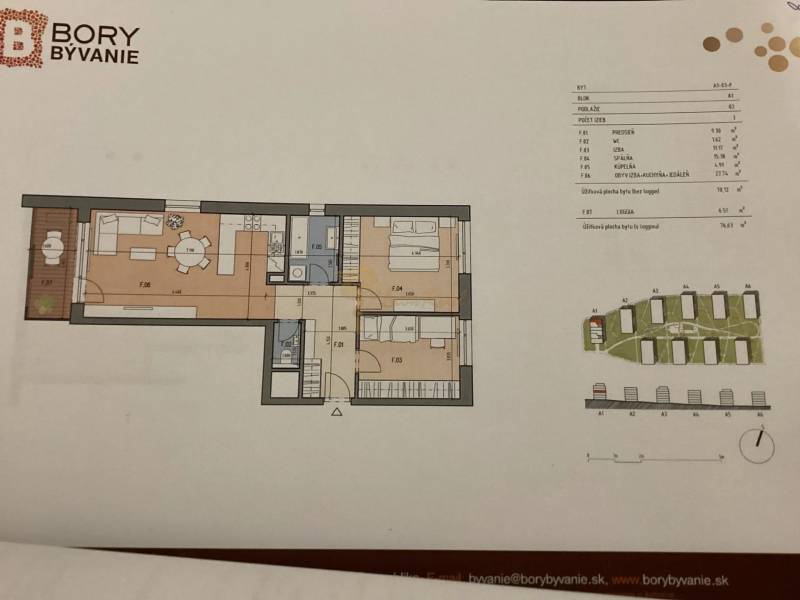 Novostavba 3-izb. bytu s parkovacím státím, ul.Hany Ponickej, Lamač - Pôdorys 3-izbového bytu, zobrazujúci dispozíciu miestností vrátane loggie a kuchyne.