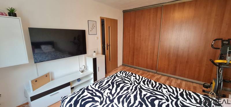 Predaj 2i byt v meste Kremnica, 64m2 - Spálňa v 1-izbovom byte s veľkou skriňou, televízorom a posteľou so zebrovou prikrývkou.