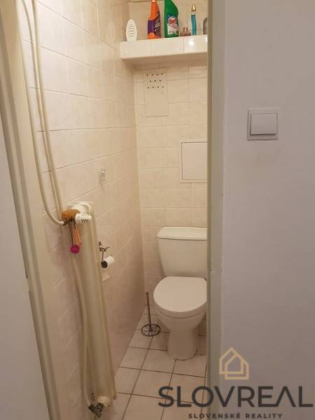 PREDAJ 2 IZBOVÝ BYT HANDLOVÁ  - Toaleta v 2-izbovom byte s keramickými obkladmi a čistiacimi prostriedkami na polici.