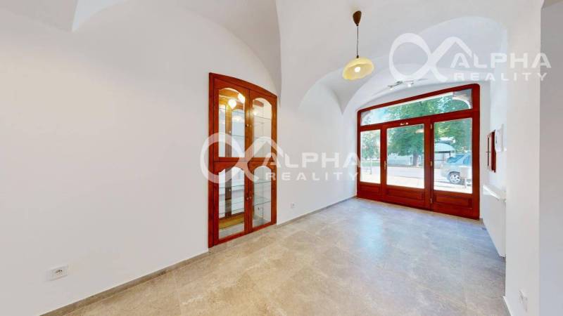 Prenájom obchodný, kancelársky priestor, centrum, Sp. N. Ves - Interiér obchodných priestorov s veľkými dverami, vitrínou a podlahou s dreveným dekorom.