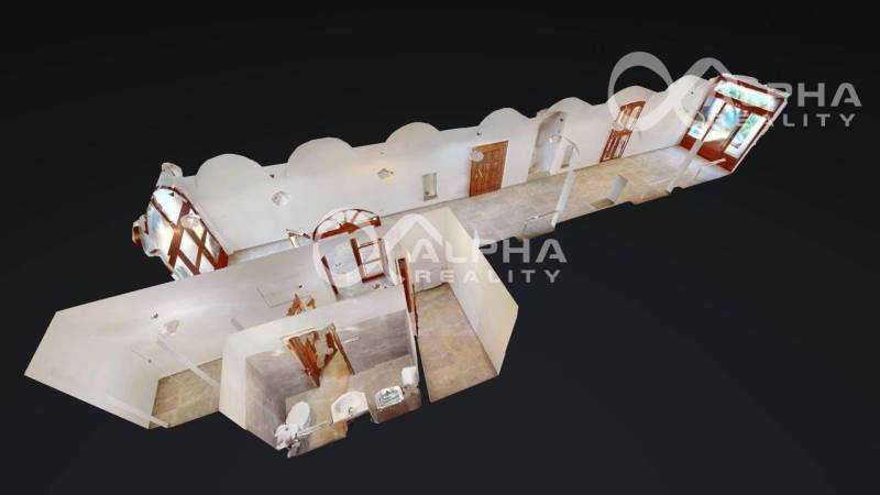 Prenájom obchodný, kancelársky priestor, centrum, Sp. N. Ves - 3D model interiéru obchodných priestorov s viacerými miestnosťami a veľkými oknami.