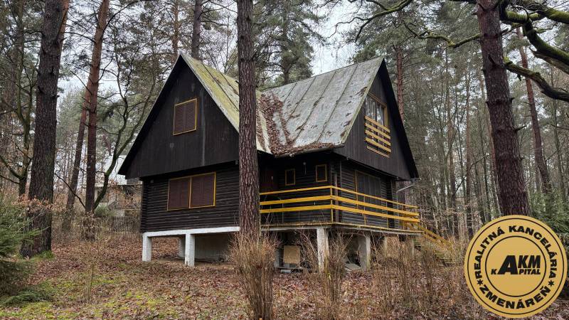 PRIPRAVUJEME Rekreačná chata - Zvolen - Kováčová na Predaj - Chata v lese pri Kováčovej s plechovou strechou a drevenými detailmi.