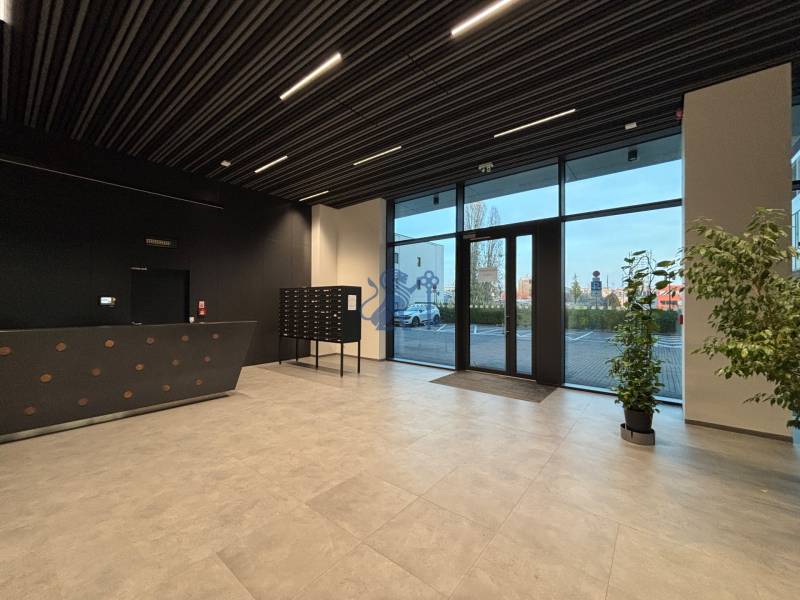 Na PREDAJ | 2 izb. ateliér | Prístavná ulica - Recepcia s tmavou stenou, poštovými schránkami, rastlinami a presklenými dverami na Prístavnej ulici.