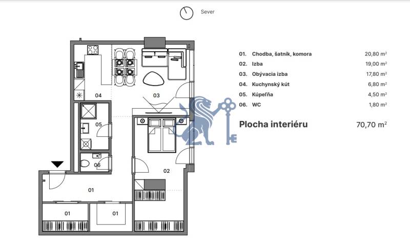Na PREDAJ | 2 izb. ateliér | Prístavná ulica - Pôdorys 2-izbového bytu s chodbou, izbami, kuchynským kútom, kúpeľňou a WC. Plocha: 70,70 m².