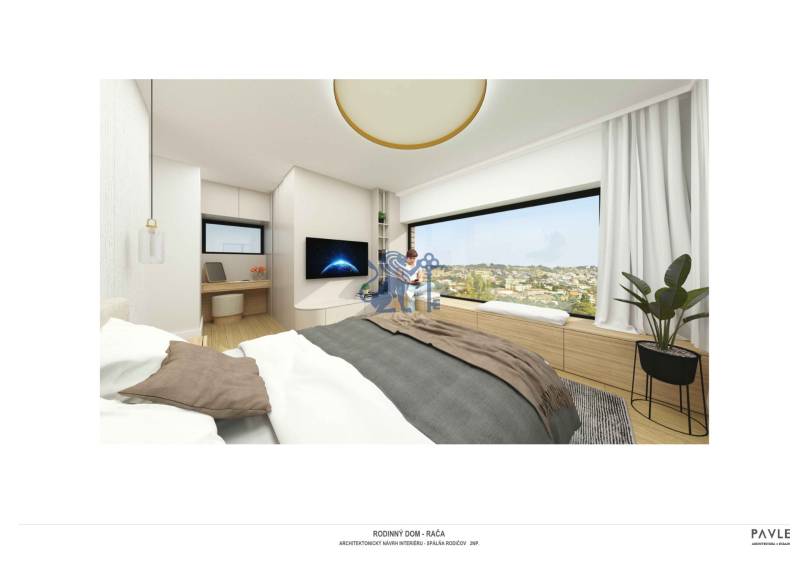 NA PREDAJ 5i rekreačný RD | Pekná cesta | Lesopark Rača  - Spálňa v rodinnom dome s výhľadom, pracovným stolom a podlahou s dreveným dekorom.