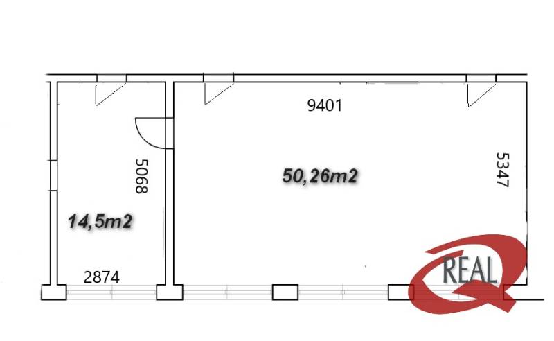**BEZ PROVÍZIE**PRENÁJOM KANCELÁRSKYCH PRIESTOROV NA TRENČIANSKEJ UL.* - Pôdorys kancelárie s rozlohou 64,76 m² rozdelený na dve miestnosti.