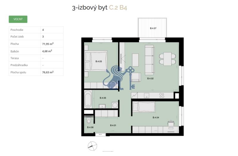Na predaj 3-izbový byt s balkónom - B4 - Pôdorys 3-izbového bytu s plochou 71,95 m² a balkónom.