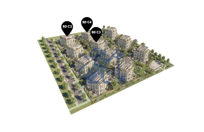 Na predaj 3-izbový byt s balkónom - B4 - Vizualizácia obytného komplexu s viacerými budovami v Bratislave - Rača, označené BD C2, C3, C4.
