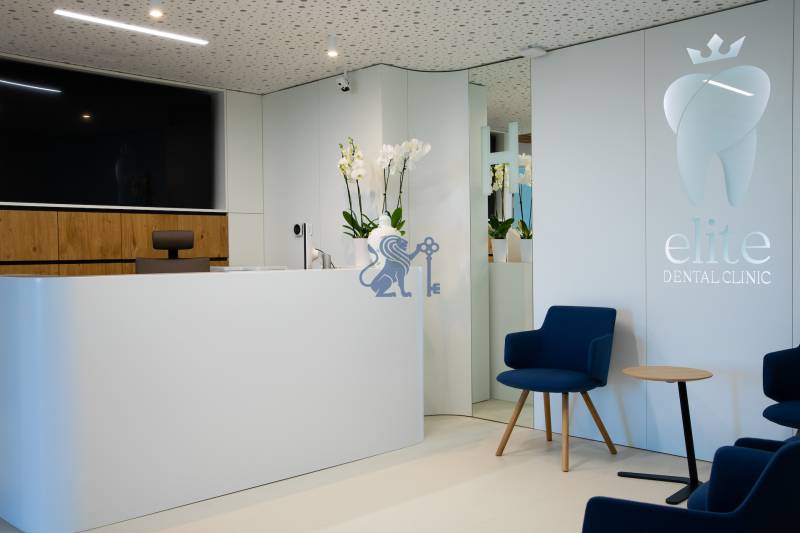 Kompletne zariadená ambulancia, Záhorská Bystrica - Recepcia zubnej kliniky s logom, stoličkami a kvetmi, na ulici Kunovská, obchodné priestory.