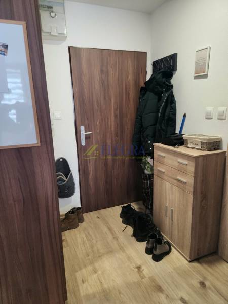 Na prenájom  1,5 izbový byt  Učňovská ulica Šaca - Predsieň v 2-izbovom byte s drevenými dverami a podlahou s dreveným dekorom.