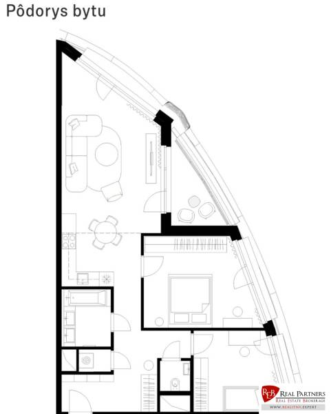 Prenájom 3-izbový byt s loggiou, SKY PARK, Bratislava - Pôdorys 3-izbového bytu s obývačkou, kuchyňou, spálňou a kúpeľňou.