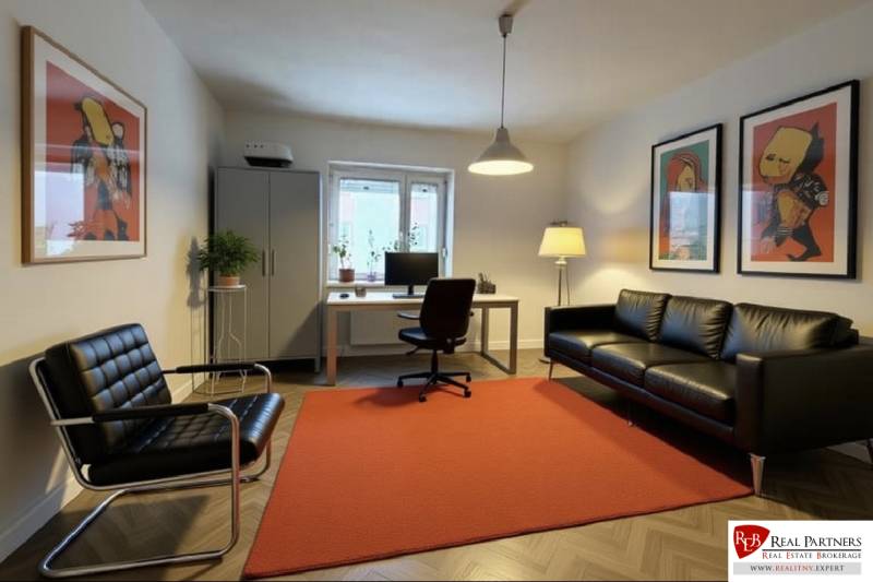 Predaj 3 izbový byt, 86 m2, Francisciho ul, Staré mesto, BAI . - Obývačka v 3-izbovom byte s čiernym nábytkom, červeným kobercom a podlahou s dreveným dekorom.