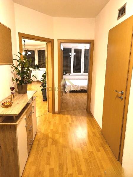 Novostavba s parkovaním 2 izbový byt, Jégeho ulica, BA II. Ružinov - Chodba 2-izbového bytu s podlahou s dreveným dekorom, izbovými rastlinami a nábytkom.