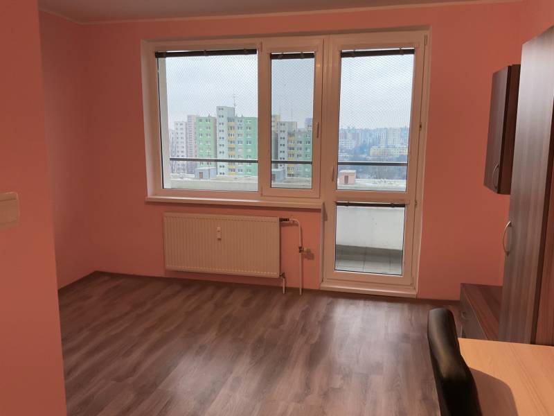 I prenájom Útulne zariadená garsónka s loggiou – Petržalka - Garsónka s ružovými stenami a podlahou s dreveným dekorom, výhľad na Petržalku.