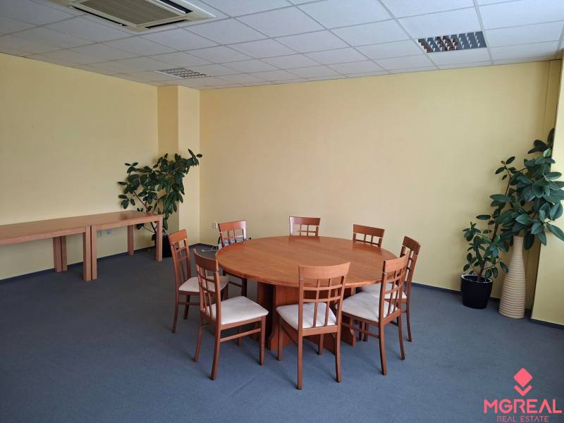 TOP CENA: Administratíva 420m2, Dúbravka - Kancelárie s okrúhlym stolom, šiestimi stoličkami, modrým kobercom a rastlinami.