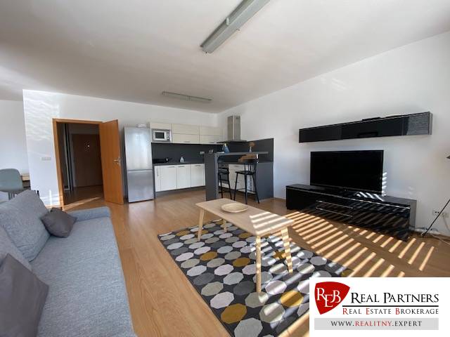 Prenájom 2 izbový 78 m2 + 30 m2 terasa,novostavba Koliba,zariadený - Obývacia izba s kuchynským kútom v 2-izbovom byte, podlaha s dreveným dekorom, svetlý interiér.