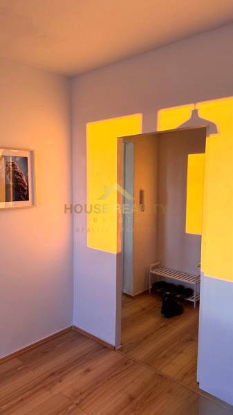 Prenájom pekný 3 izbový byt Jankolova ulica, Bratislava V. Petržalka - Interiér 3-izbového bytu s podlahou s dreveným dekorom a zrkadlom pri vchode.