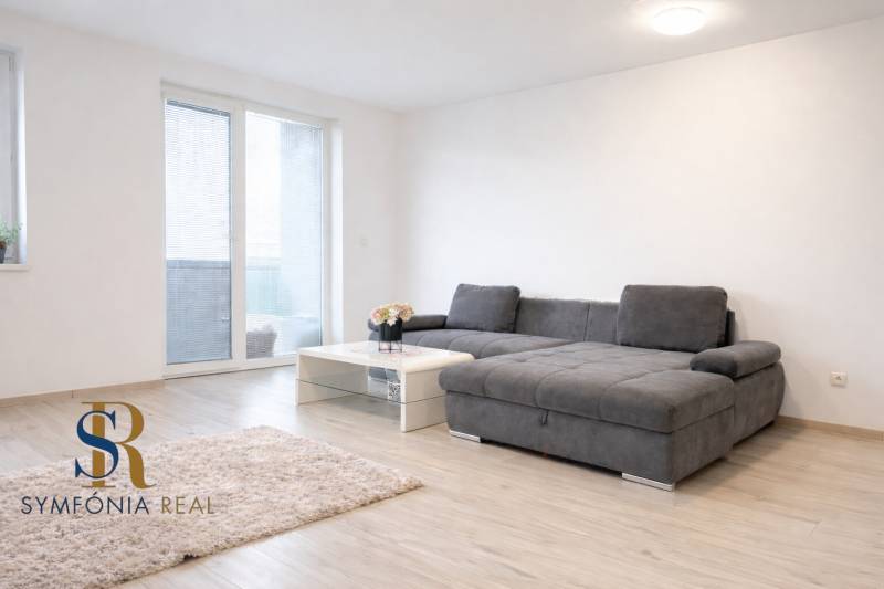 2-izbový byt novostavba s podzemným parkovaním- bez rezervačnej zálohy - Obývacia izba v 2-izbovom byte s pohovkou, kobercom a podlahou s dreveným dekorom.