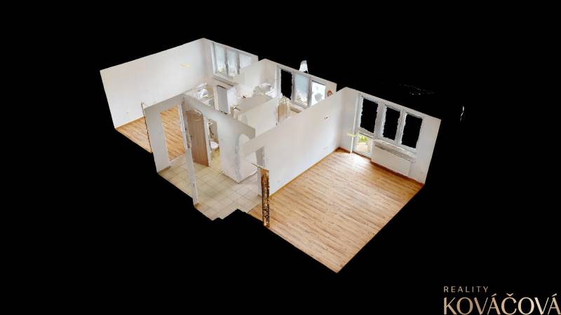 Na prenájom 2 izbový byt, Dežerice - 3D pôdorys 2-izbového bytu s podlahou s dreveným dekorom a obývacou izbou.