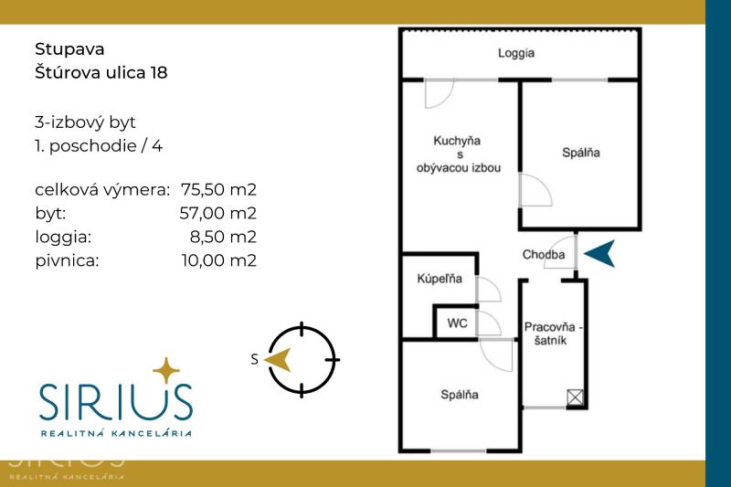 ŠTÚROVA, 3-i byt, 75 m2 – komplet rekonštrukcia, vlastné parkovanie - Pôdorys 3-izbového bytu na Štúrovej ulici v Stupave, celková výmera 75,50 m².