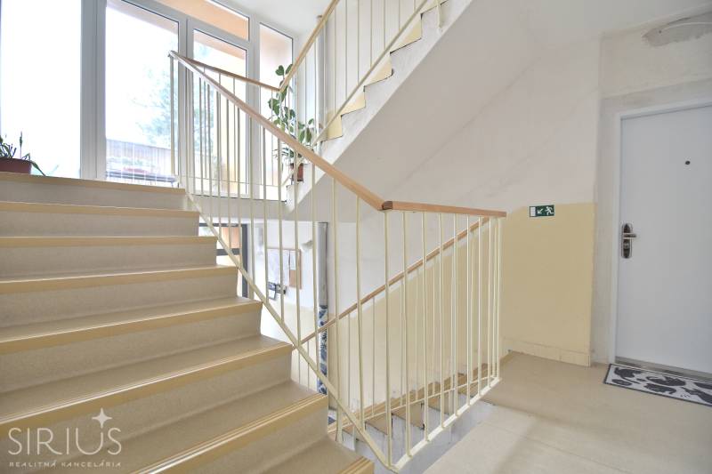 ŠTÚROVA, 3-i byt, 75 m2 – komplet rekonštrukcia, vlastné parkovanie - Interiér schodiska s presklenými stenami a rastlinou v 3-izbovom byte.