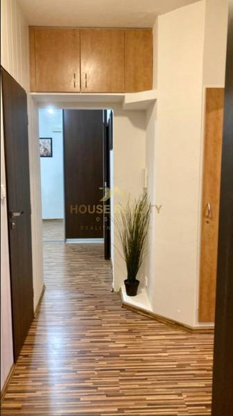 Prenájom 3 izbový byt, ulica Jána Poničana, BA IV. Devínska Nová Ves - Chodba v 3-izbovom byte s podlahou s dreveným dekorom a vstavanými skrinkami.