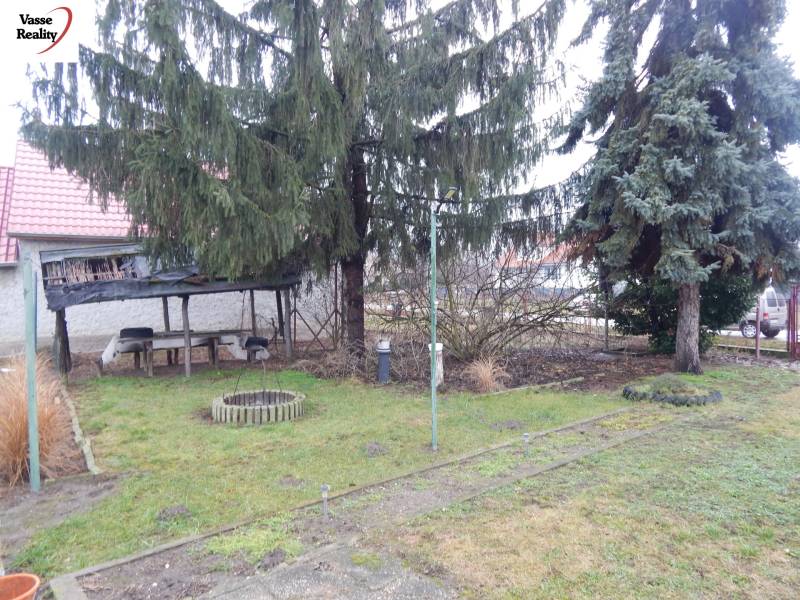  Na predaj 3 izbový dom v Kravanoch nad Dunajom s garážou . - Záhrada pri rodinnom dome v Kravanoch nad Dunajom s altánkom a ihličnatými stromami.