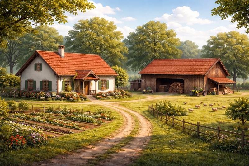 Predaj veľkej usadlosti v okrajovej časti v Zákopčí - Rodinný dom v Zákopčie obklopený kvetmi, záhradou a poliami, vedľa stodola s traktorom.