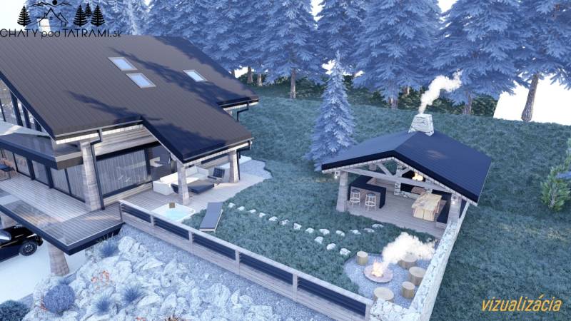 Stavebný pozemok s panoramatickým výhľadom Mýto Nízke Tatry - Vizualizácia rekreačnej chaty s altánkom a ohniskom v lokalite Pozemky - bývanie, Mýto pod Ďumbierom.
